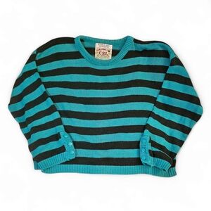 Vintage 80's C.S.L. Teal and Black Striped 3/4 Sleeve Sweater Size M/L